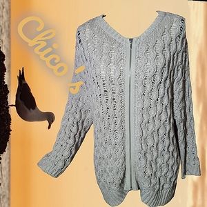 0001 Chico's Size 2 Cable Knit Cotton 3\4 Sleeve Zippered Cardigan